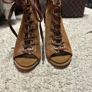 Nine West Tan Lace-Up Peep Toe Boots